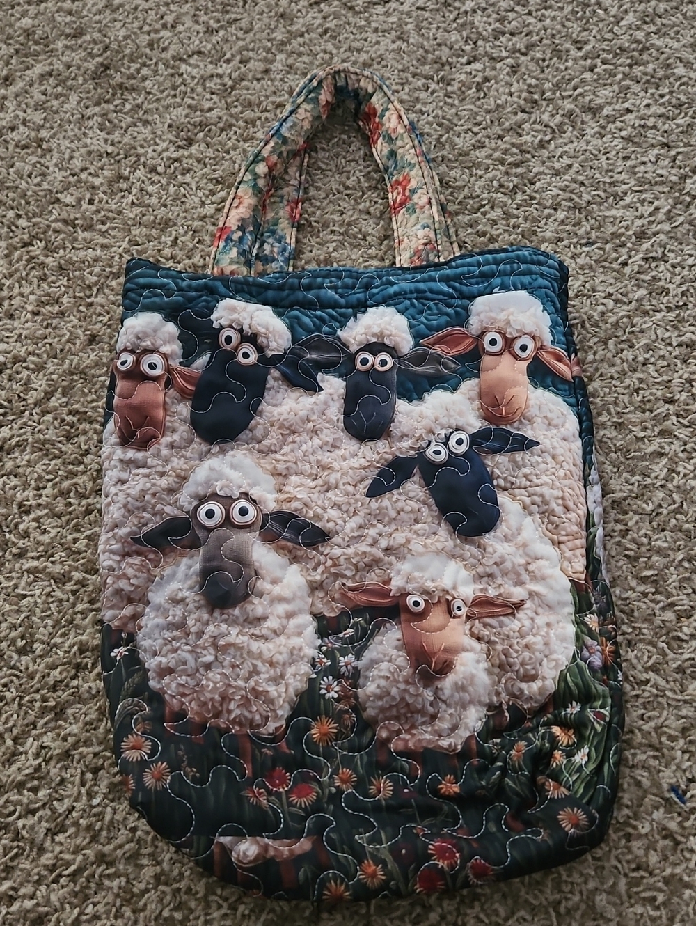 Hand Crafted Quilted Tote Bag with Sheep Motif